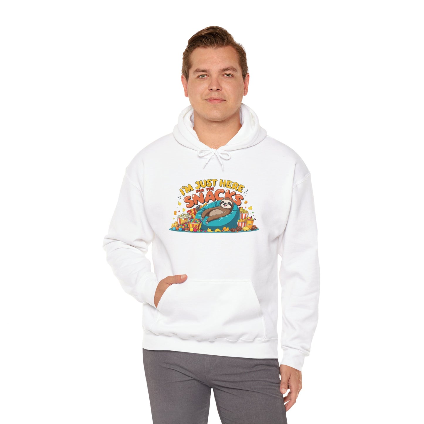 Funny Snack Lover Hoodie – I’m Just Here for the Snacks Unisex Sweatshirt for Foodies & Movie Nights