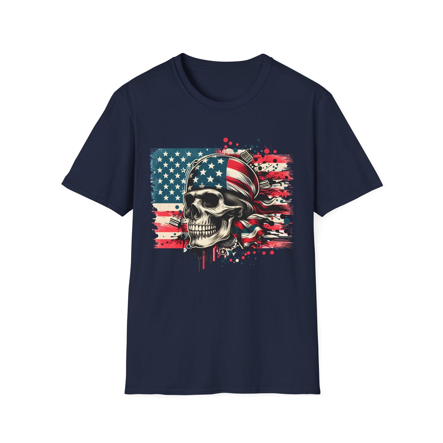 Patriotic Skull Graphic Tee, Unisex Softstyle T-Shirt, American Flag Shirt, Memorial Day Gift, Rocker Style Shirt, Casual Wear
