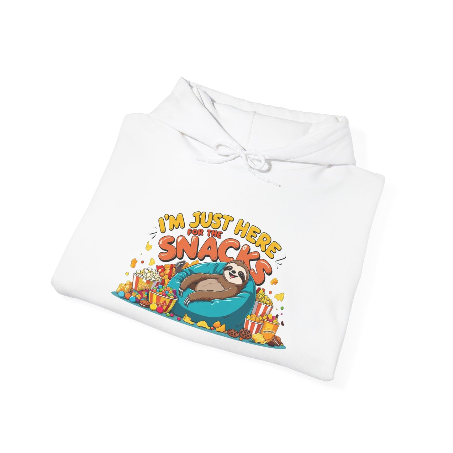 Funny Snack Lover Hoodie – I’m Just Here for the Snacks Unisex Sweatshirt for Foodies & Movie Nights