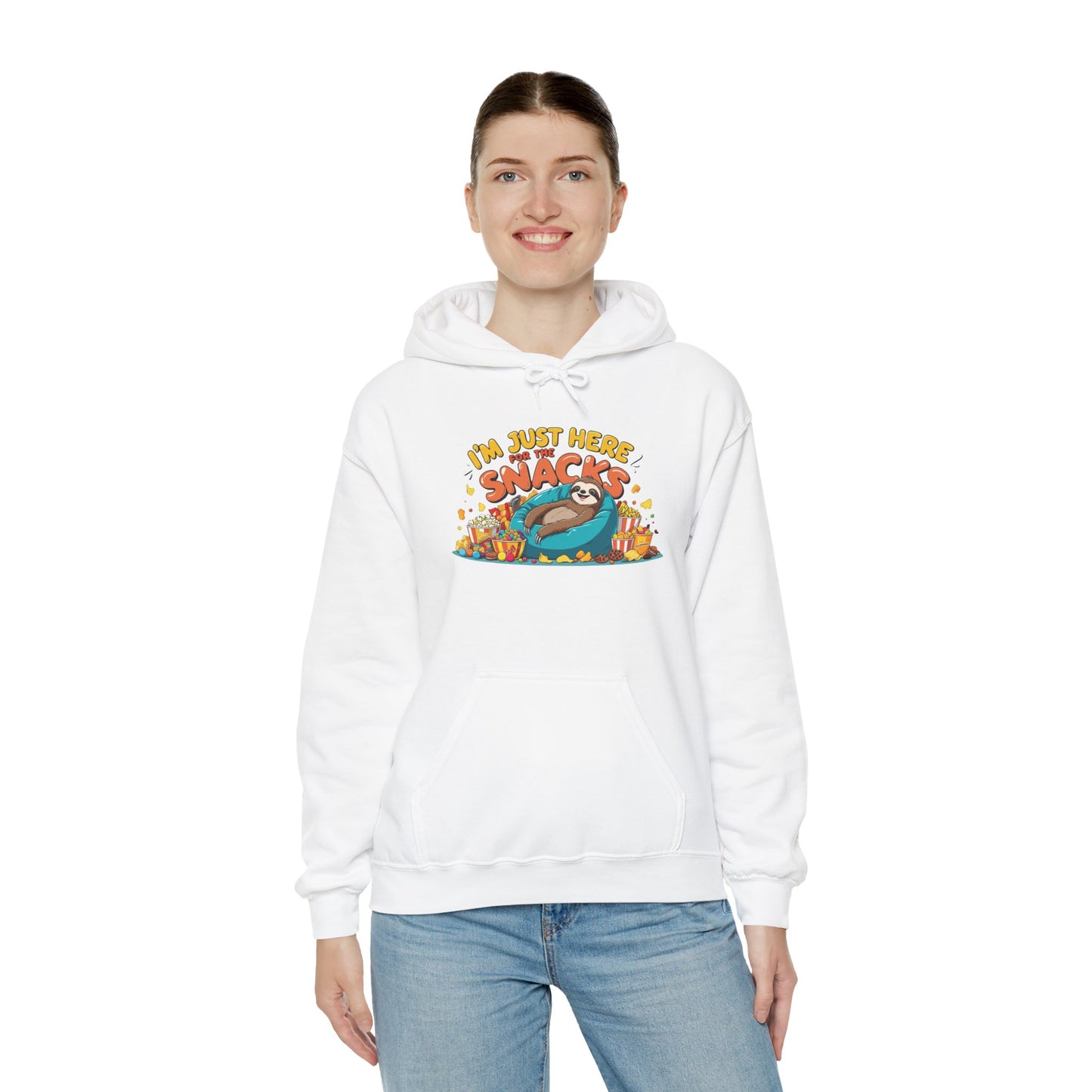 Funny Snack Lover Hoodie – I’m Just Here for the Snacks Unisex Sweatshirt for Foodies & Movie Nights