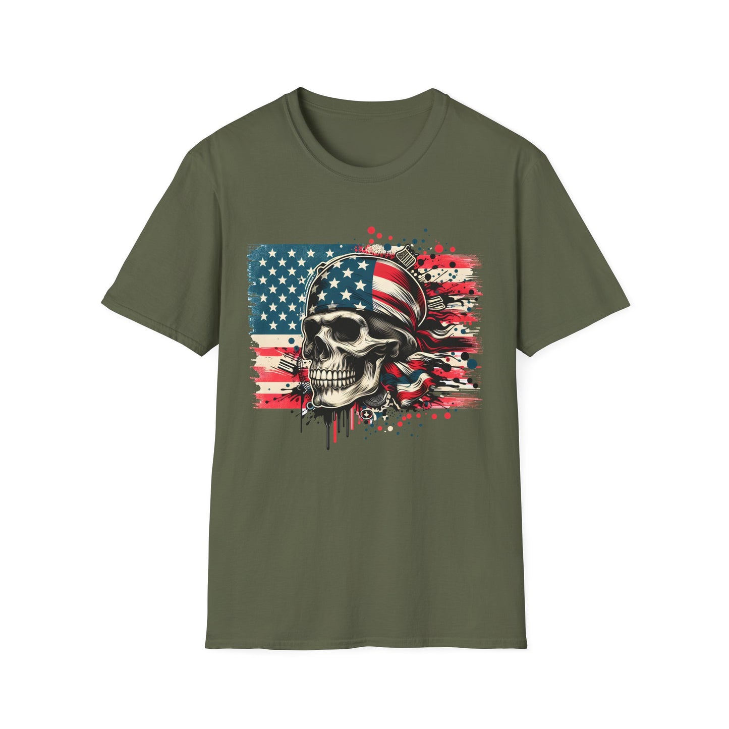 Patriotic Skull Graphic Tee, Unisex Softstyle T-Shirt, American Flag Shirt, Memorial Day Gift, Rocker Style Shirt, Casual Wear