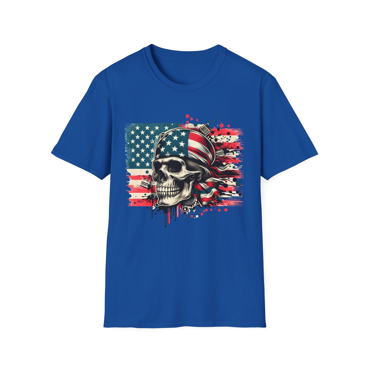 Patriotic Skull Graphic Tee, Unisex Softstyle T-Shirt, American Flag Shirt, Memorial Day Gift, Rocker Style Shirt, Casual Wear