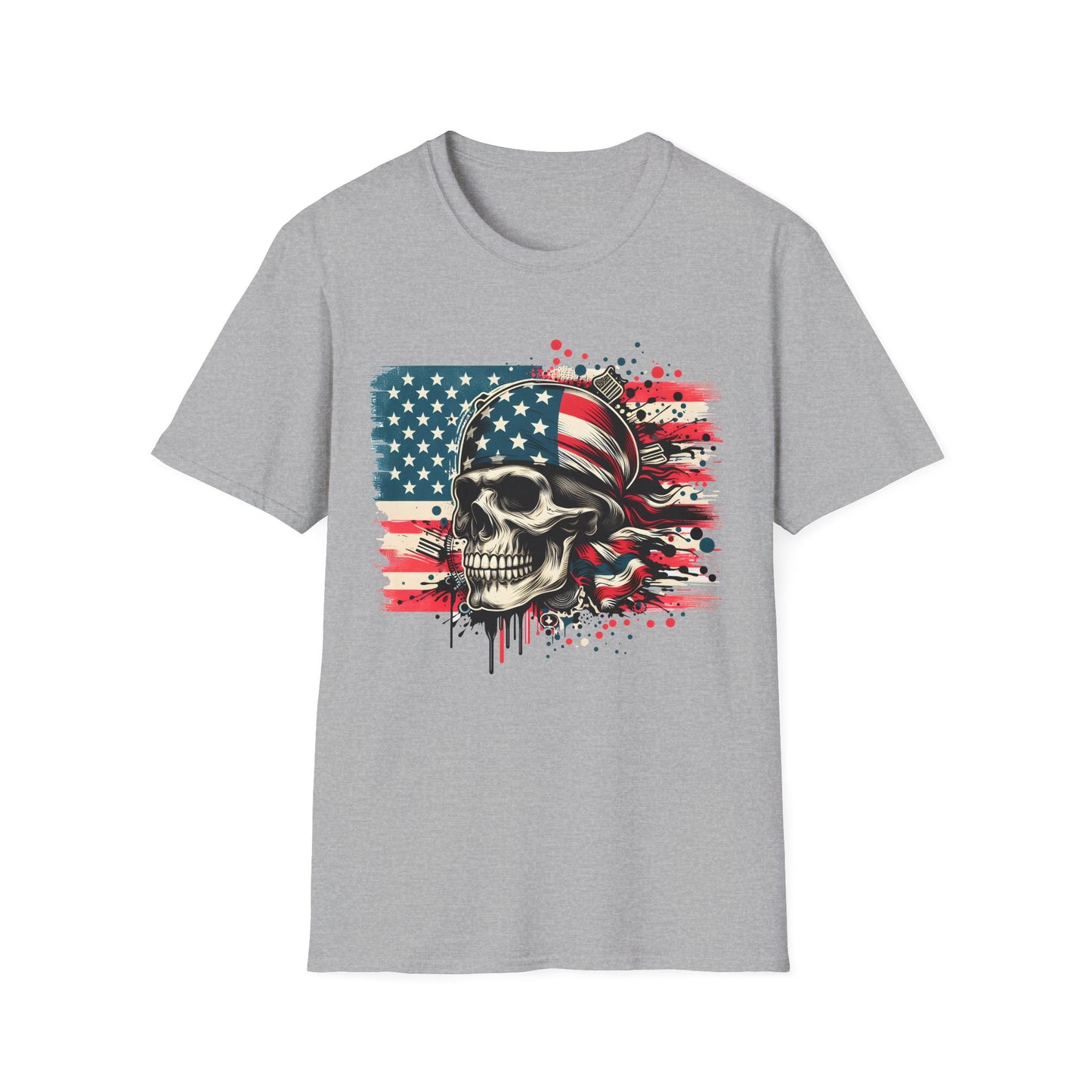 Patriotic Skull Graphic Tee, Unisex Softstyle T-Shirt, American Flag Shirt, Memorial Day Gift, Rocker Style Shirt, Casual Wear