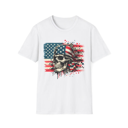 Patriotic Skull Graphic Tee, Unisex Softstyle T-Shirt, American Flag Shirt, Memorial Day Gift, Rocker Style Shirt, Casual Wear