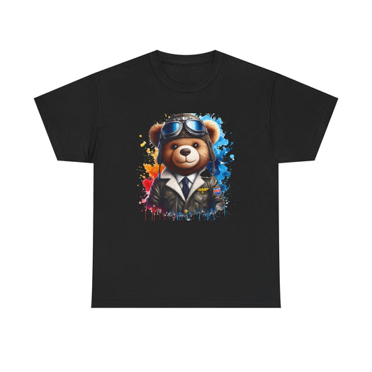 Pilot Bear Unisex Heavy Cotton Tee, Cute Bear Shirt, Gift for Aviators, Casual Wear, Birthday Present, Animal Lover Tee
